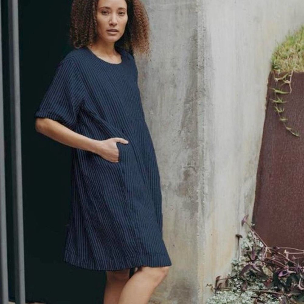 ESBY Apparel Agnes Navy Blue Striped Linen Dress Size Small